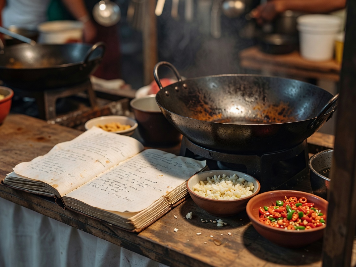 An open handwritten recipe notebook beside a black carbon-steel wok and small bowls of chopped garlic and chillies