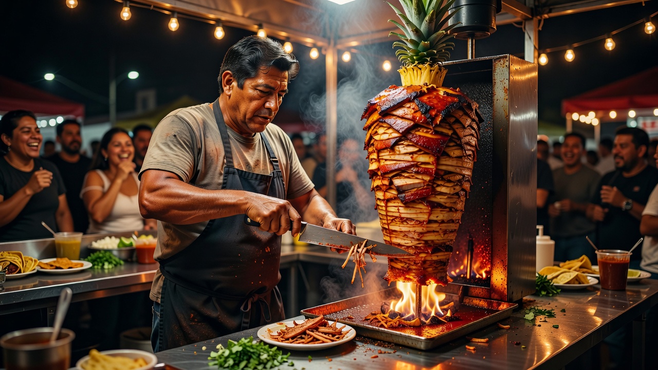 A taquero slicing marinated pork from a vertical al pastor spit topped with pineapple at a night taco stand