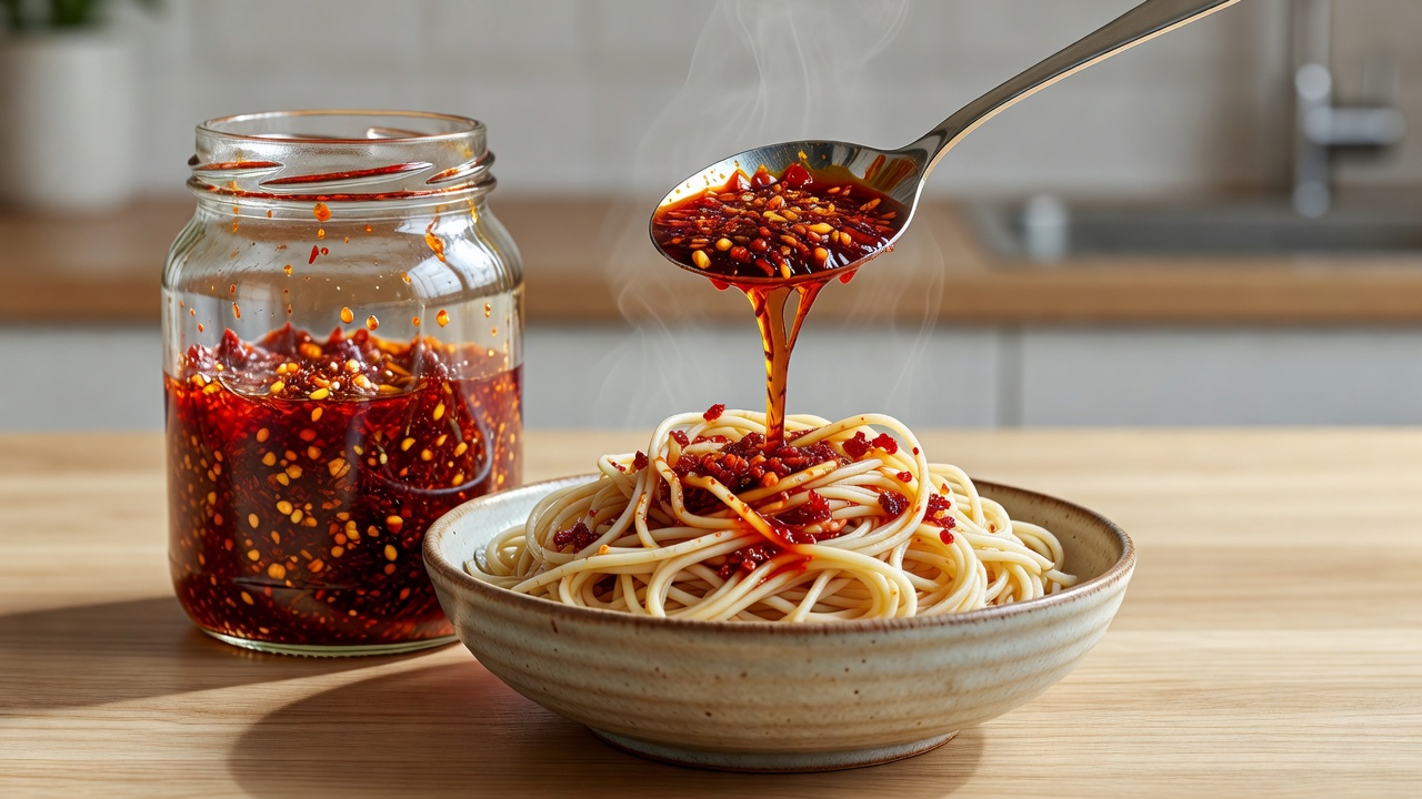 A glass jar of red chili crisp with a spoon drizzling crunchy chilli oil over a bowl of wheat noodles