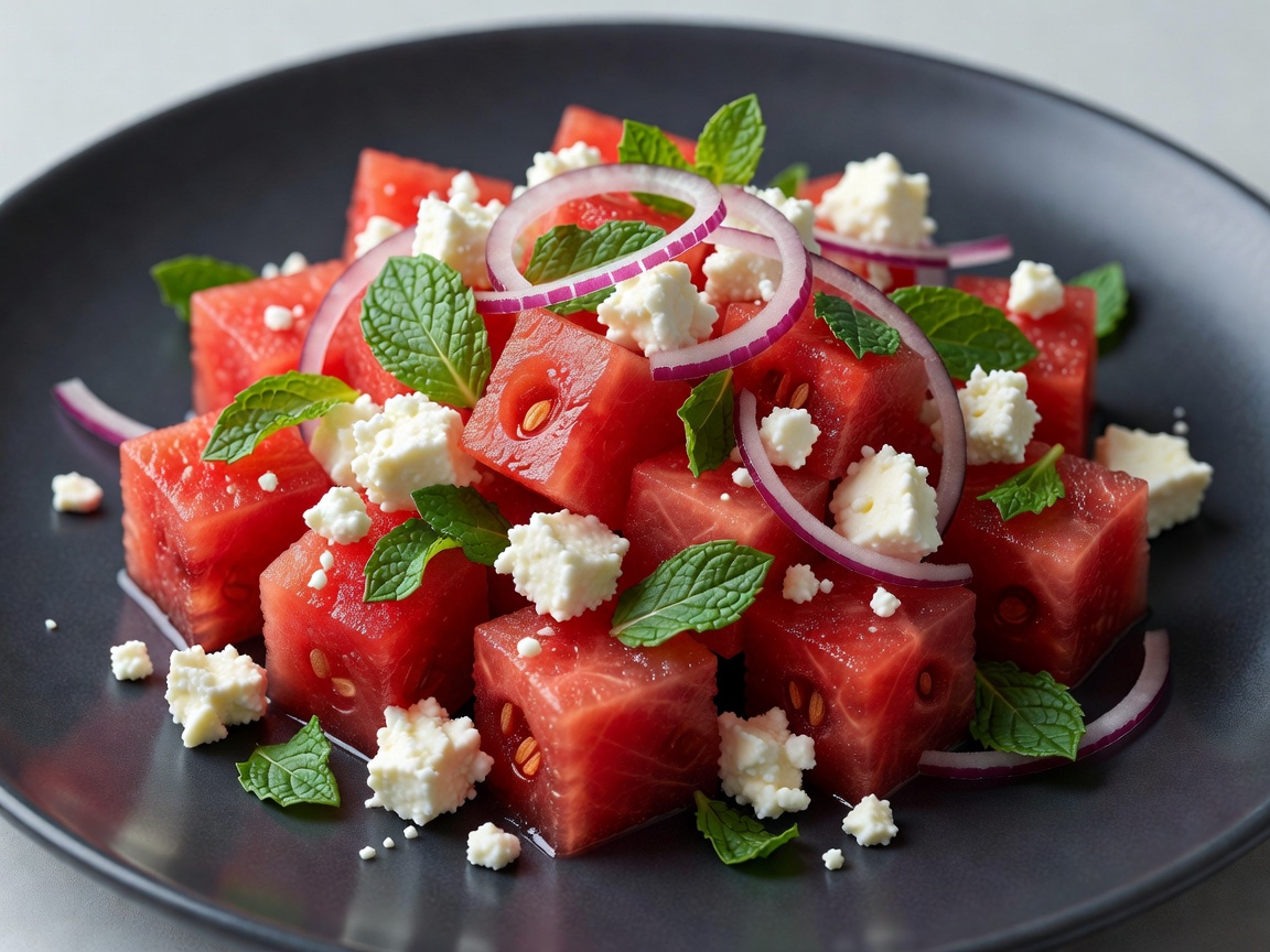 Cubes of red watermelon topped with crumbled white feta, torn mint leaves and thin red onion on a dark plate